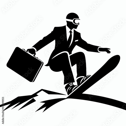 African American Business man snowboarding hill. Marketing Commerce Corporate Entrepreneurship Startup Clipart Line Art Vector Illustration. .