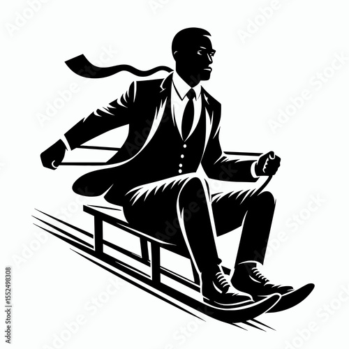 African American Business man sledding snow. Marketing Commerce Corporate Entrepreneurship Startup Clipart Line Art Vector Illustration. Afro descent executive having fun riding a toboggan.