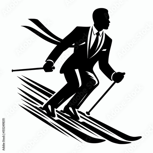 African American Business man skiing slope. Marketing Commerce Corporate Entrepreneurship Startup Clipart Line Art Vector Illustration. Male entrepreneur of descent enjoys winter activity.