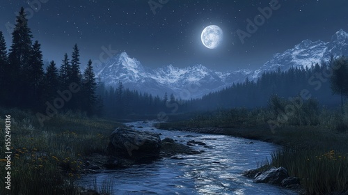 Serene Night in the Mountains: A Full Moon Illuminates a Tranquil River