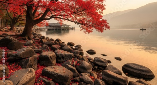 Serene Autumn Landscape with Fiery Maple Tree Overlooking a Calm Lake and Distant Mountains