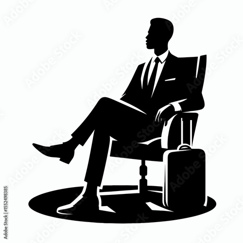 African American Business man sitting airplane. Marketing Commerce Corporate Entrepreneurship Startup Clipart Line Art Vector Illustration. Male of descent enterpreneur aboard jet for trip.