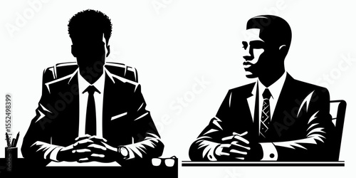 African American Business man Sitting at desk. Marketing Commerce Corporate Entrepreneurship Startup Clipart Line Art Vector Illustration. Male of heritage work seated table professional.