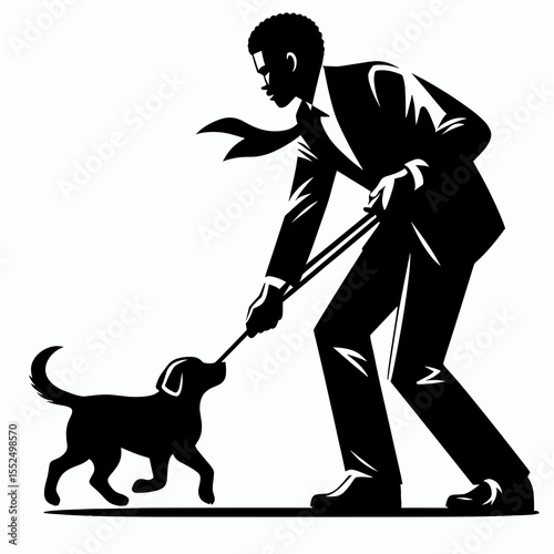 African American Business man rescuing animal. Marketing Commerce Corporate Entrepreneurship Startup Clipart Line Art Vector Illustration. Male entrepreneur of color saving creature in need.