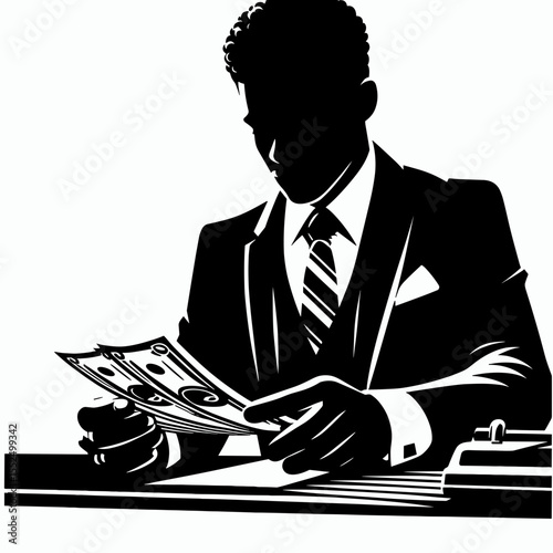 African American Business man paying bills. Marketing Commerce Corporate Entrepreneurship Startup Clipart Line Art Vector Illustration. Black entrepreneur settling invoice finance matter.