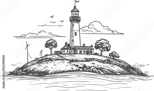 Coastal Sentinel: Hand-Drawn Lighthouse on an Isle