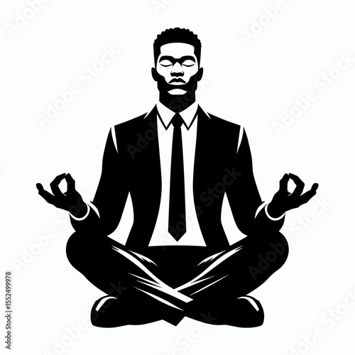 African American Business man meditating calmly. Marketing Commerce Corporate Entrepreneurship Startup Clipart Line Art Vector Illustration. Black male executive practicing mindful.