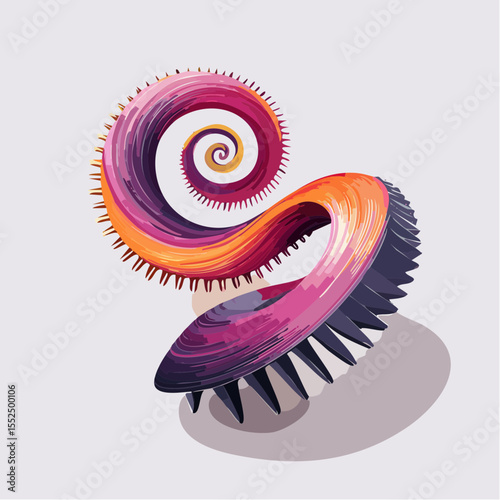 spiraling 3d fractal ribbon in sunset orange plum and gunmetal with shaded filament twists
