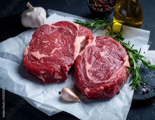 Two Raw Ribeye Steaks Ready for Grilling with Rosemary and Garlic