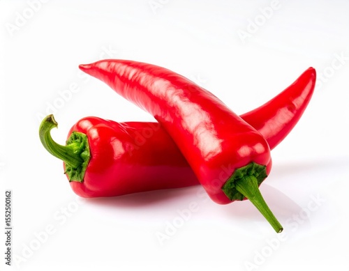 Two vibrant red chili peppers isolated on white background perfect for food blogs recipe websites and culinary designs