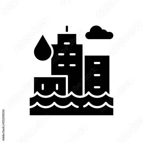 Flooded City Glyph Icon. Solid Style. Climate Anxiety Symbol of Urban Flood, Global Warming Disaster, Rising Water Crisis, and Environmental Impact in Black Silhouette.