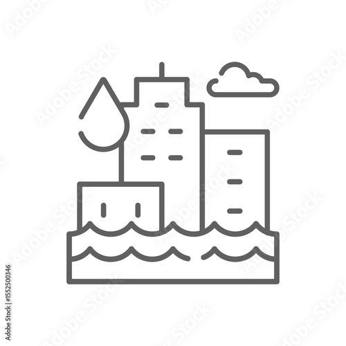 Flooded City Icon. Outline Style Editable Stroke. Thin Line Symbol of Climate Anxiety, Urban Flood Disaster, Rising Water Levels, Global Warming Impact, and Environmental Crisis Awareness.