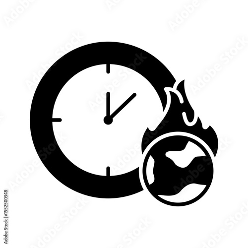 Burning Earth Clock Glyph Icon. Solid Style. Climate Anxiety Symbol of Global Warming, Crisis, Environmental Danger, and Urgent Climate Countdown in Black Silhouette.