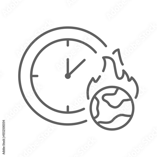 Burning Earth Clock Icon. Outline Style Editable Stroke. Thin Line Symbol of Climate Anxiety, Global Warming, Urgency, Environmental Crisis, and Climate Change Countdown Awareness.