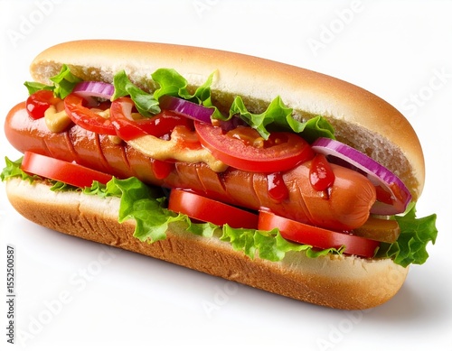 Delicious Hot Dog with Fresh Toppings A Juicy Sausage in a Soft Bun