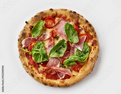 Delicious Prosciutto Pizza with Fresh Basil and Tomatoes Gourmet Italian Food