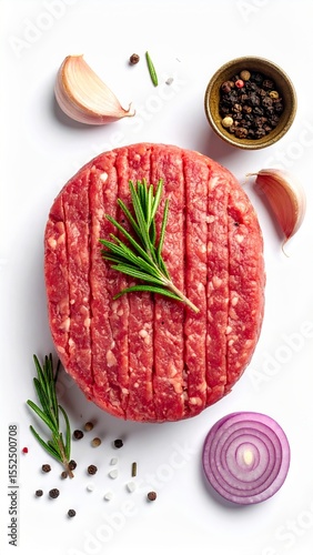 Fresh Raw Ground Beef Patty Ready for Grilling with Herbs and Spices