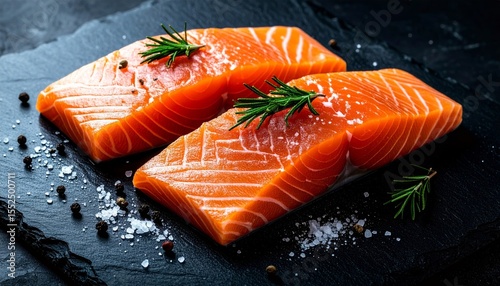 Fresh Raw Salmon Filets Garnished with Rosemary Salt and Pepper on Black Slate