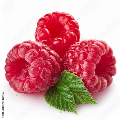 Three Juicy Raspberries with Fresh Green Leaves on White Background Perfect for Food Blogs and Packaging Designs