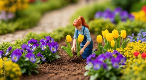 A Miniature Gardener Tends to a Vibrant Spring Flower Garden with Tulips and Pansies Blooming