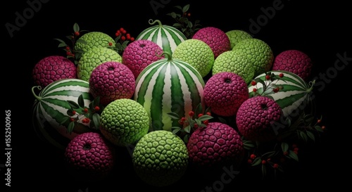 A Darkly Lit Still Life Composition Featuring Various Spherical Fruits and Gourds of Green Pink and Striped Patterns