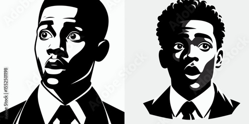 African American Business man Looking surprised. Marketing Commerce Corporate Entrepreneurship Startup Clipart Line Art Vector Illustration. Black entrepreneur with a shocked expression.