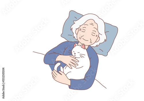 Smiling elderly woman lying in bed with cat sleeping on chest. Happy mature grandmother sleep at home cuddling hugging pet. Hand drawn style vector design illustrations.