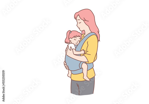 Positive young women mothers carrying reborn children in cotton sling, baby feeling love and protection from mother. Mothers carrying their kids in slings lifestyle concept. Hand drawn style vector de