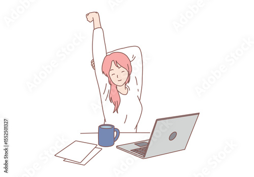 Exhausted female employee stretching sitting at desk in office. Tired woman do gymnastics and exercises at workplace. Sport activity. Hand drawn style vector design illustrations.