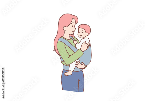 Positive young women mothers carrying reborn children in cotton sling, baby feeling love and protection from mother. Mothers carrying their kids in slings lifestyle concept. Hand drawn style vector de