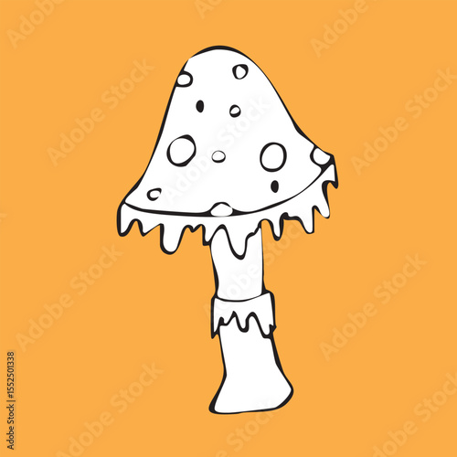 Hand-drawn illustration of a fly agaric in doodle style in black ink. Cute vector illustration for patterns, postcards and stickers. A black silhouette with a white backing that can be removed or