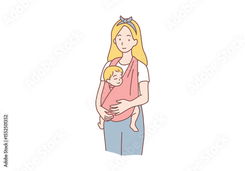 Positive young women mothers carrying reborn children in cotton sling, baby feeling love and protection from mother. Mothers carrying their kids in slings lifestyle concept. Hand drawn style vector de
