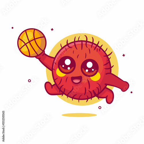 happy rambutan fruit character mascot playing basketball isolated cartoon