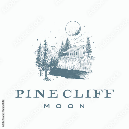 Wooden cabin barn beside cliff  with river flow and  warm chimney smoke out. Evergreen cedar pine conifer fir forest tree. Big full moon bright night and peak mountain hand drawn illustration 