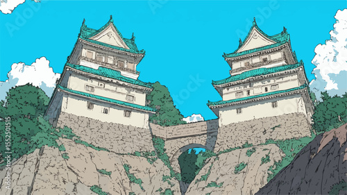 Traditional japanese castle with green roofs standing on rocky cliffs, bridge connecting two towers under a blue sky with some clouds, evoking a sense of history and wonder