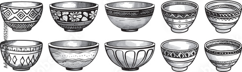 Decorative Bowls Vector Illustration Set, Isolated on White