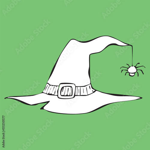 A hand-drawn witch's hat with a spider and a web. White vector illustration in doodle style for Halloween, postcards and patterns. 