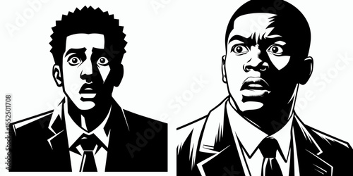 African American Business man Looking shocked. Marketing Commerce Corporate Entrepreneurship Startup Clipart Line Art Vector Illustration. Black entrepreneur with astonished expression.