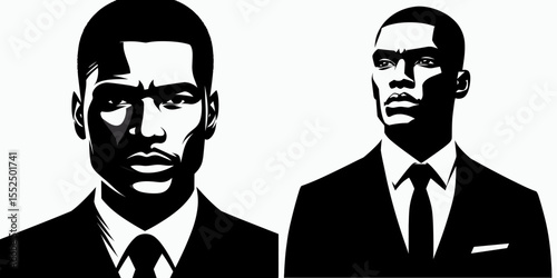 African American Business man Looking serious. Marketing Commerce Corporate Entrepreneurship Startup Clipart Line Art Vector Illustration. Black entrepreneur with a stern gaze leader in.