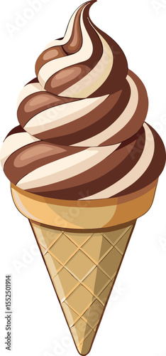 Chocolate Swirl Soft Serve Ice Cream in Waffle Cone Vector Illustration