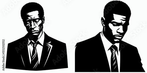 African American Business man Looking remorseful. Marketing Commerce Corporate Entrepreneurship Startup Clipart Line Art Vector Illustration. Black entrepreneur showing regret a male.