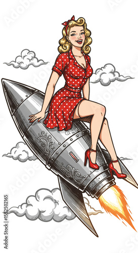 Illustration Blonde Woman Ride Rocket Red Dress Vintage Transparent