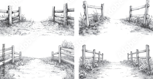 Rustic Fence Line Sketch Vector Illustration.