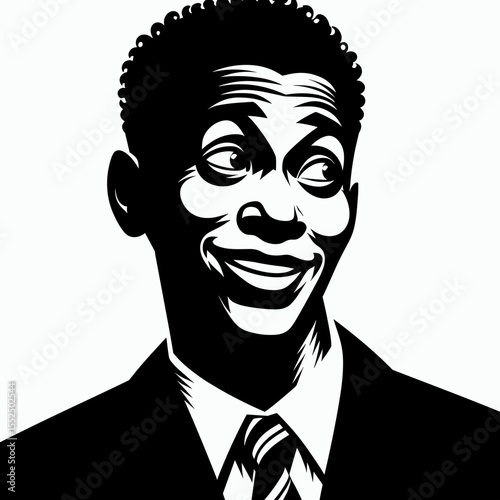 African American Business man Looking amused. Marketing Commerce Corporate Entrepreneurship Startup Clipart Line Art Vector Illustration. Black entrepreneur showing joy a comic expression.