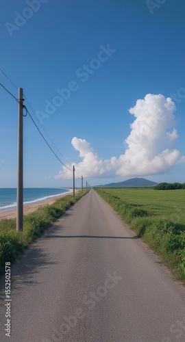 Coastal Road Scenery, Blue Sky, Sea & Grassland, Healing Natural Landscape Material