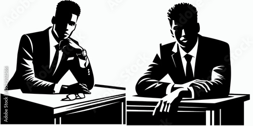 African American Business man Leaning on desk. Marketing Commerce Corporate Entrepreneurship Startup Clipart Line Art Vector Illustration. Male executive rests at workstation a minority.