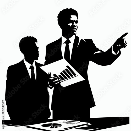 African American Business man leading project. Marketing Commerce Corporate Entrepreneurship Startup Clipart Line Art Vector Illustration. .