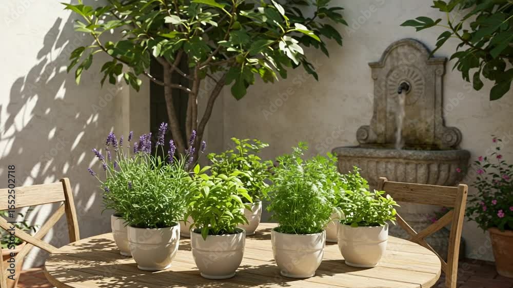 Fresh herbs in white pots on a wooden table by a garden fountain