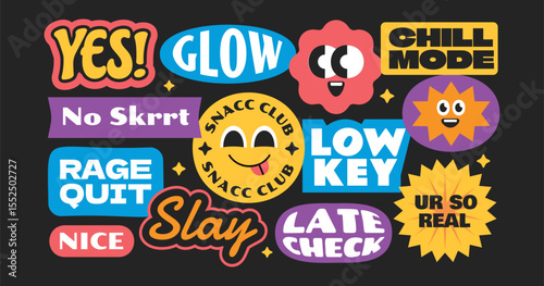 Colorful trendy and groovy stickers collection. Gen z and millenials slang words and quote y2k style.
