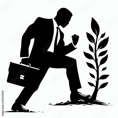 African American Business man growing stronger. Marketing Commerce Corporate Entrepreneurship Startup Clipart Line Art Vector Illustration. .